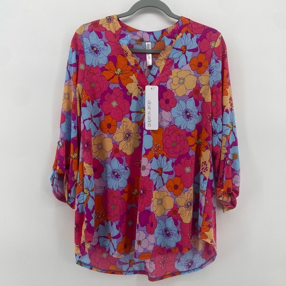 Dear Scarlet | NWT Women’s Vibrant Bright Neon Floral V-Neck 3/4 Sleeve Blouse - Picture 2 of 9